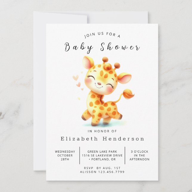 Invitación Pastel Digital Giraffe Baby Shower (Anverso)