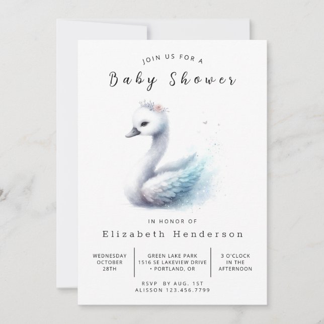 Invitación Pastel Digital Swan Baby Shower (Anverso)