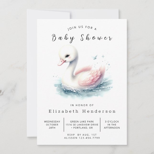 Invitación Pastel Digital Swan Baby Shower (Anverso)