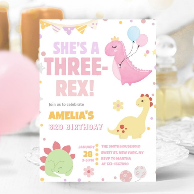 Invitación Pastel Dinosaur 3er cumpleaños Rosa Tres Rex Dino (Subido por el creador)