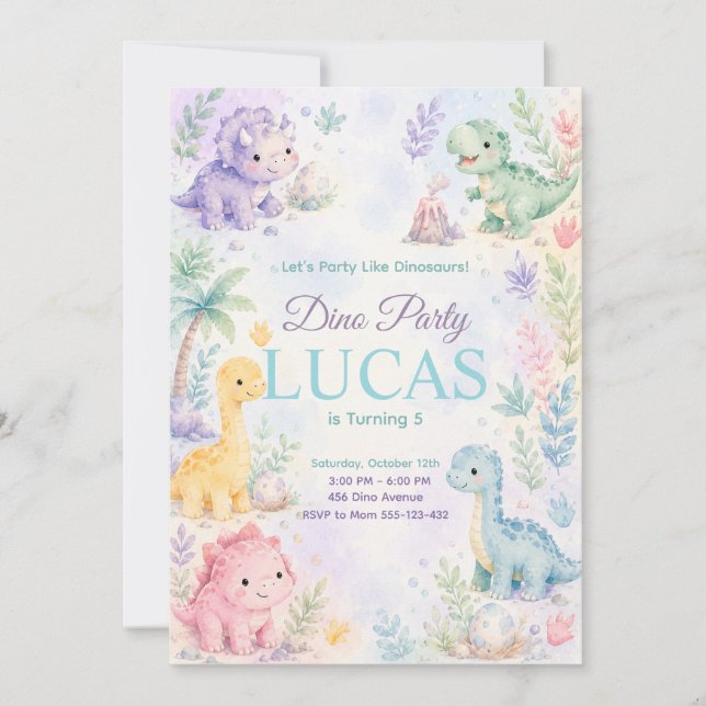Invitación Pastel Dinosaur Birthday Invitation Editable (Anverso)
