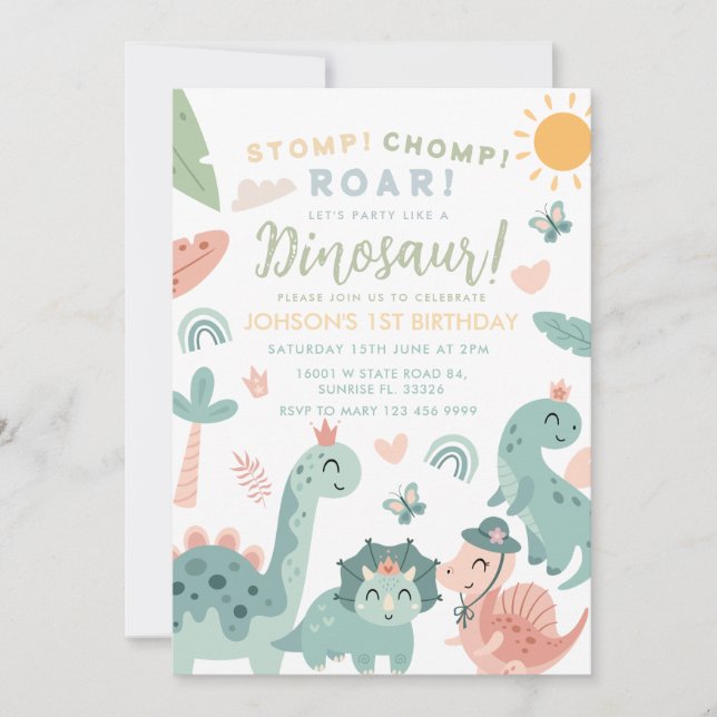 Invitación Pastel Dinosaur Stomp Chomp Roar Primer Cumpleaños (Anverso)