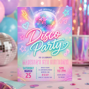 Invitación Pastel Disco Glow Party Cumpleaños