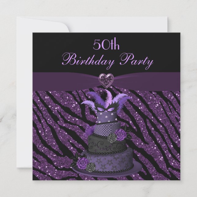Invitación Pastel Diva y Purpurina Zebra Impreso 50 cumpleaño (Anverso)