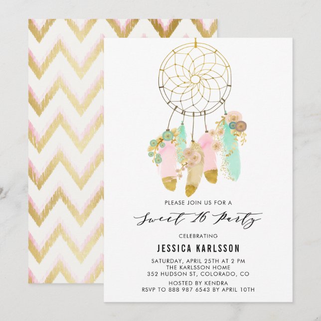 Invitación Pastel Dreamcatcher Faux Relieve metalizado dorado (Anverso / Reverso)