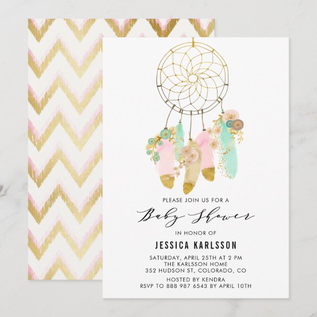 Invitación Pastel Dreamcatcher Faux Relieve metalizado dorado (Anverso / Reverso)