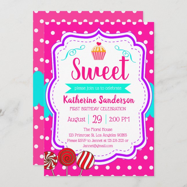 Invitación Pastel dulce Bebé Sprinkle Candy shoppe Cumpleaños (Anverso / Reverso)
