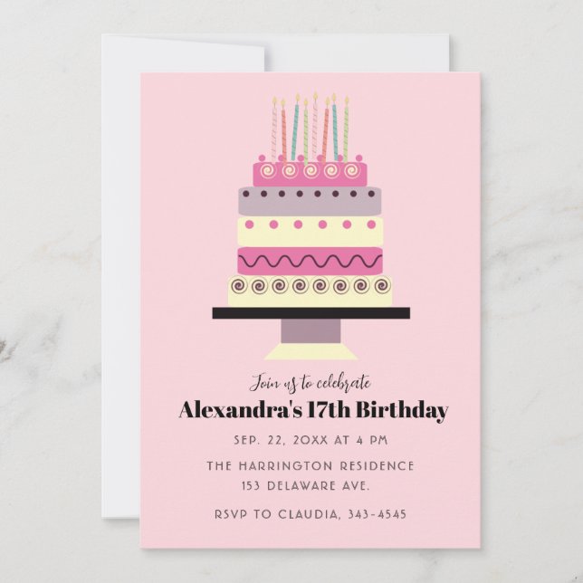 Invitación Pastel dulce de cumpleaños retro giratorio rosado (Anverso)
