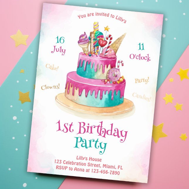 Invitación Pastel dulce para Chicas Niños De Cuta Rosa Primer (Subido por el creador)