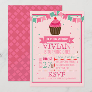 Invitación Pastel dulce Rosa y Fiesta Verde/Primer Cumpleaños