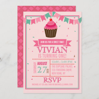 Invitación Pastel dulce Rosa y Fiesta Verde/Primer Cumpleaños