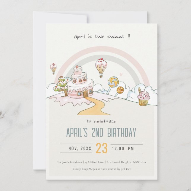 Invitación Pastel dulce tierra de golosinas segundo cumpleaño (Anverso)