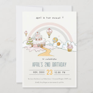 Invitación Pastel dulce tierra de golosinas segundo cumpleaño