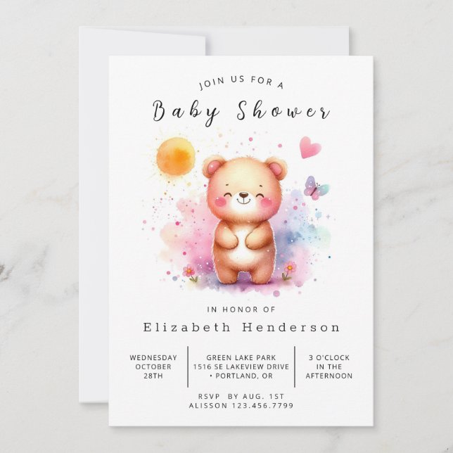 Invitación Pastel Editable Bear Baby Shower (Anverso)