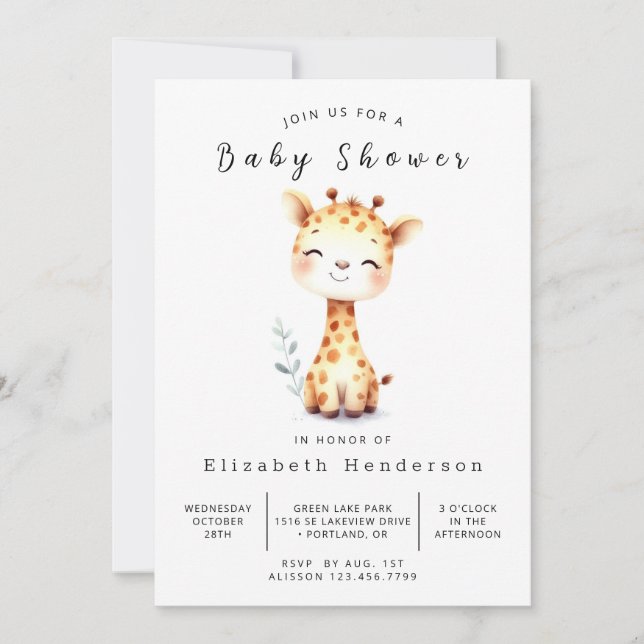 Invitación Pastel Editable Giraffe Baby Shower (Anverso)
