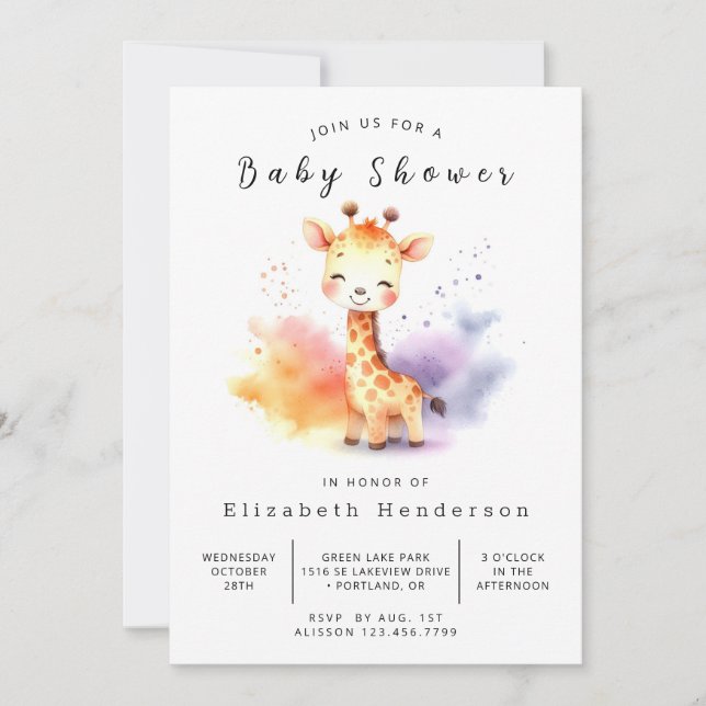 Invitación Pastel Editable Giraffe Baby Shower (Anverso)