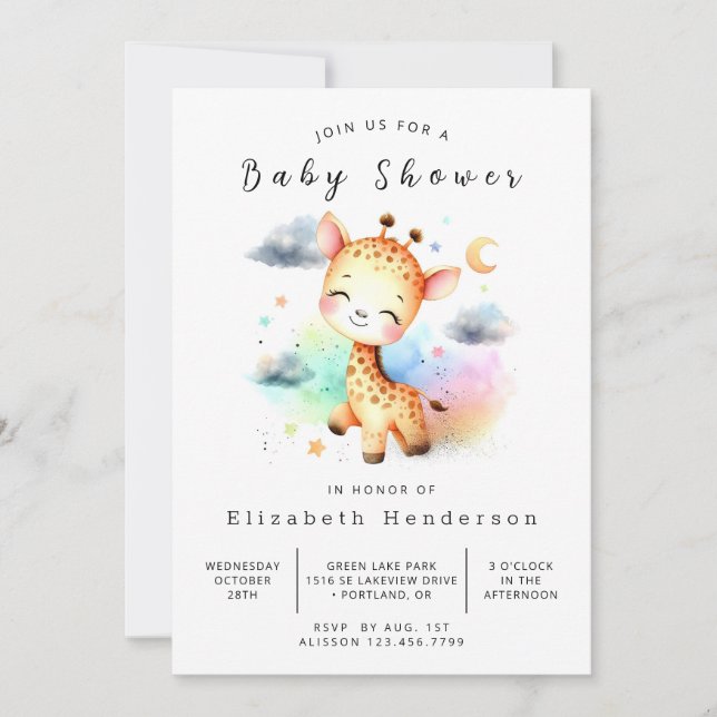 Invitación Pastel Editable Giraffe Baby Shower (Anverso)
