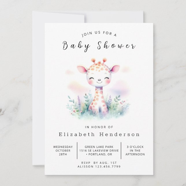 Invitación Pastel Editable Giraffe Baby Shower (Anverso)