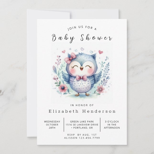 Invitación Pastel Editable Owl Baby Shower (Anverso)