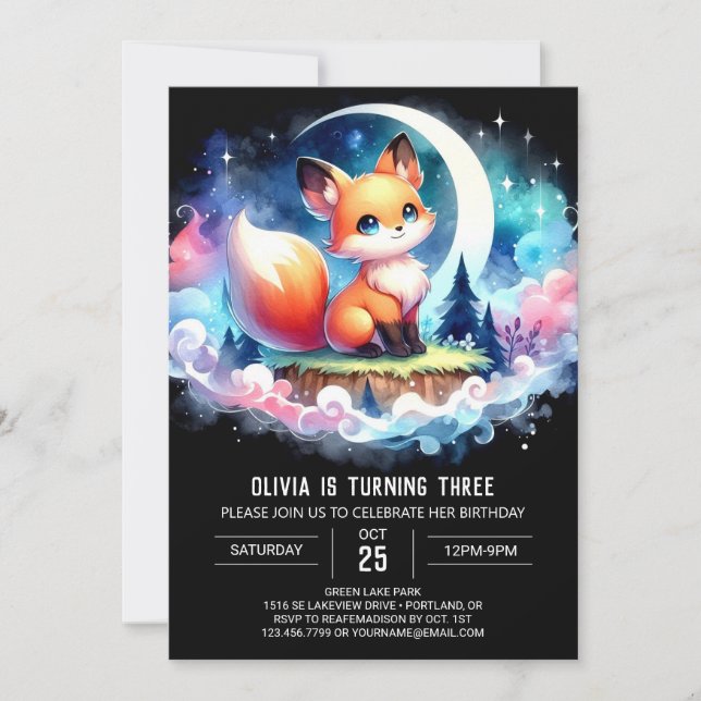 Invitación Pastel Elegant Fox Birthday digital (Anverso)