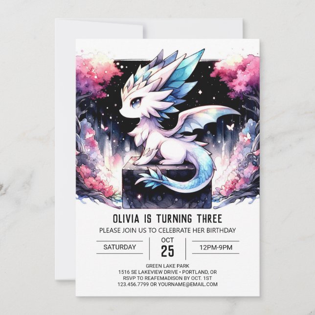 Invitación Pastel Encantado Dragón Cumpleaños (Anverso)