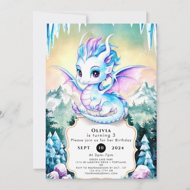 Invitación Pastel Encantado Dragón Cumpleaños (Anverso)