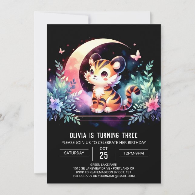 Invitación Pastel Encantado Tigre Cumpleaños (Anverso)