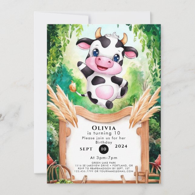 Invitación Pastel Encantado Vaca Cumpleaños (Anverso)