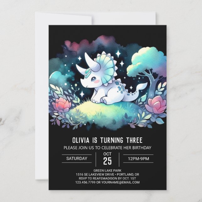 Invitación Pastel Enchanted Triceratops Cumpleaños (Anverso)