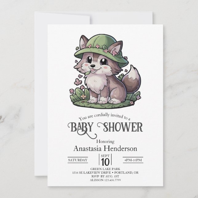 Invitación Pastel Enchanted Wolf Baby Shower (Anverso)