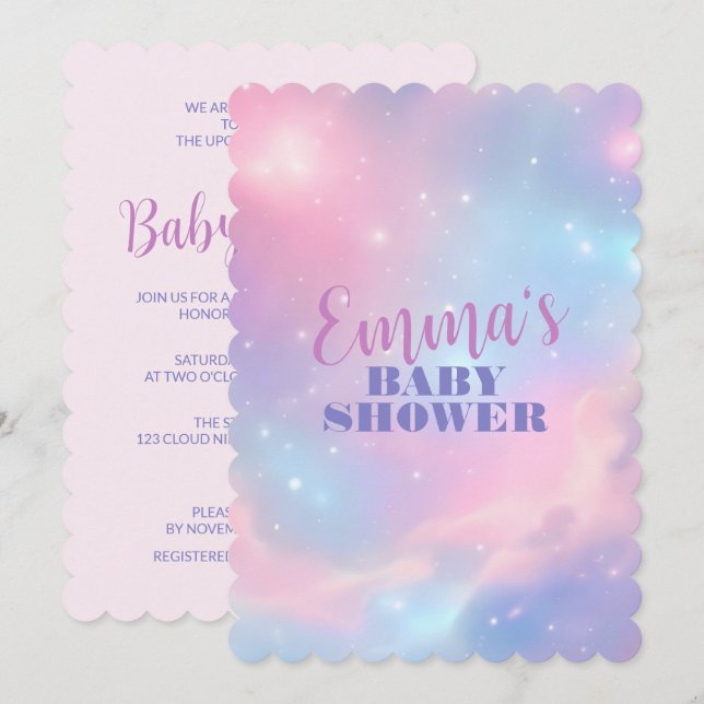 Invitación Pastel Etéreo Rosa Azul Galaxia Cósmica Estrellada (Anverso / Reverso)