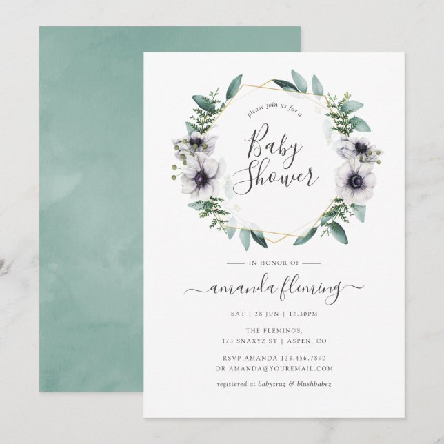 Invitación Pastel Eucalyptus Anemone Geométrico Baby Shower (Anverso / Reverso)