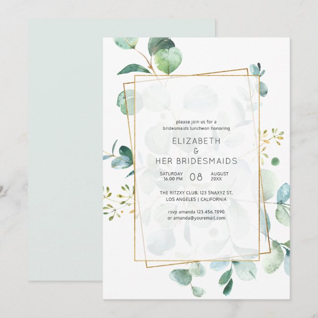 Invitación Pastel Eucalyptus Gémetric Bridesmaids Luncheon (Anverso / Reverso)