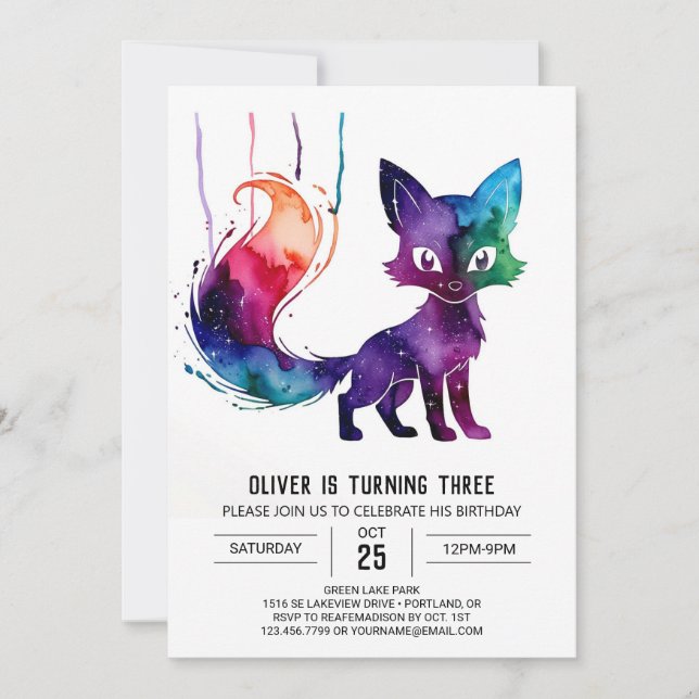 Invitación Pastel Fantasy Fox Digital Boy Cumpleaños (Anverso)