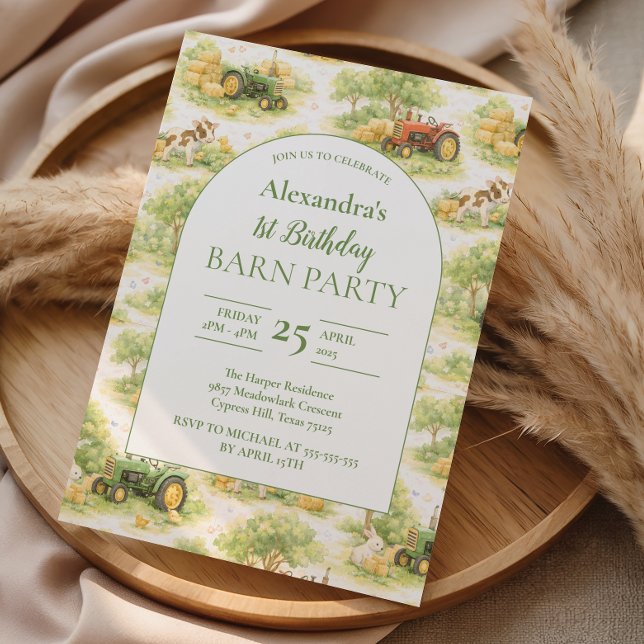 Invitación Pastel Farm Tractor Barnyard 1st Birthday (Subido por el creador)