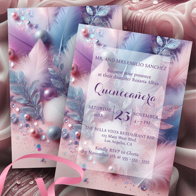 Invitación Pastel Feathers Pearls Purpurina deja Quinceañera (Subido por el creador)