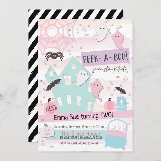 Invitación Pastel Fiesta de cumpleaños Peek-A-Boo de Hallowee (Anverso / Reverso)