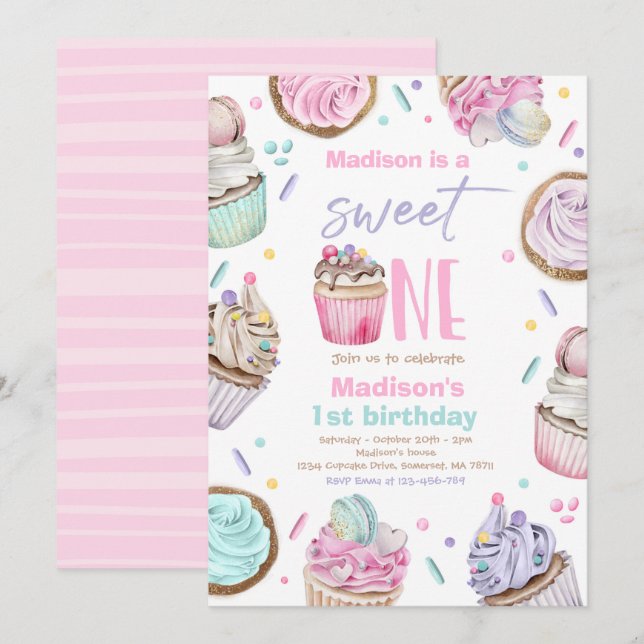 Invitación Pastel Fiesta de primer cumpleaños Fiesta dulce de (Anverso / Reverso)