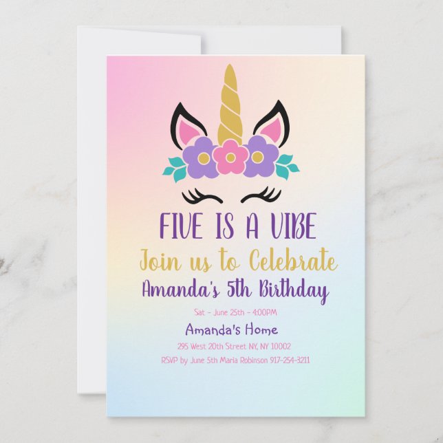 Invitación Pastel Five es un Cumpleaños de Unicornio con Esti (Anverso)
