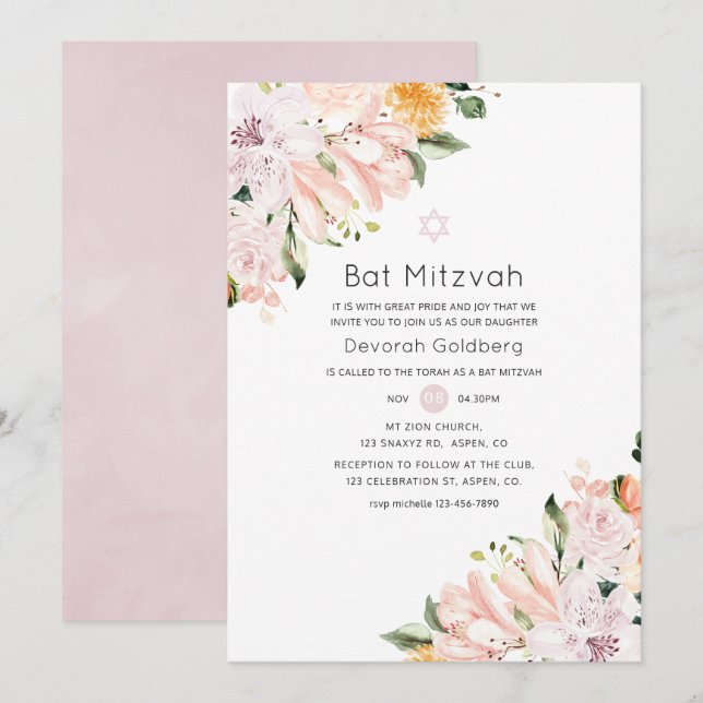 Invitación Pastel Floral Bat Mitzvah (Anverso / Reverso)