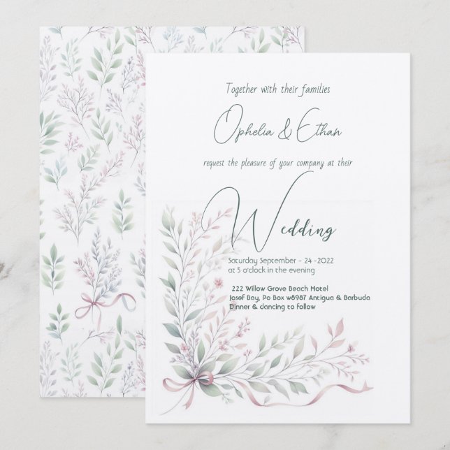 Invitación Pastel floral boda de tipografía moderna (Anverso / Reverso)