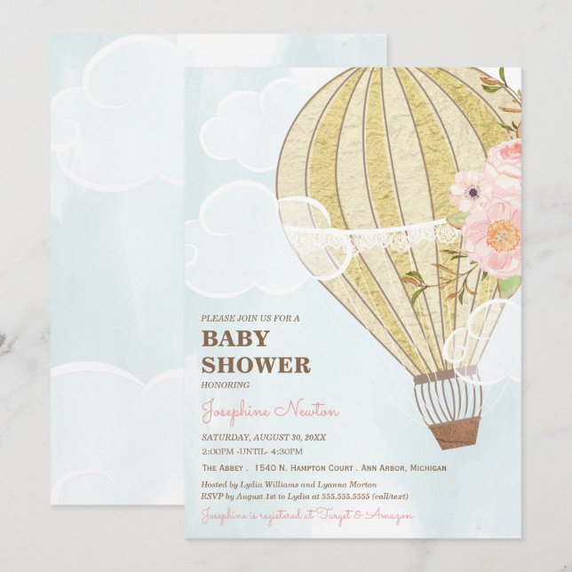 Invitación Pastel Floral & Gold Hot Air Balloon Baby Shower (Anverso / Reverso)