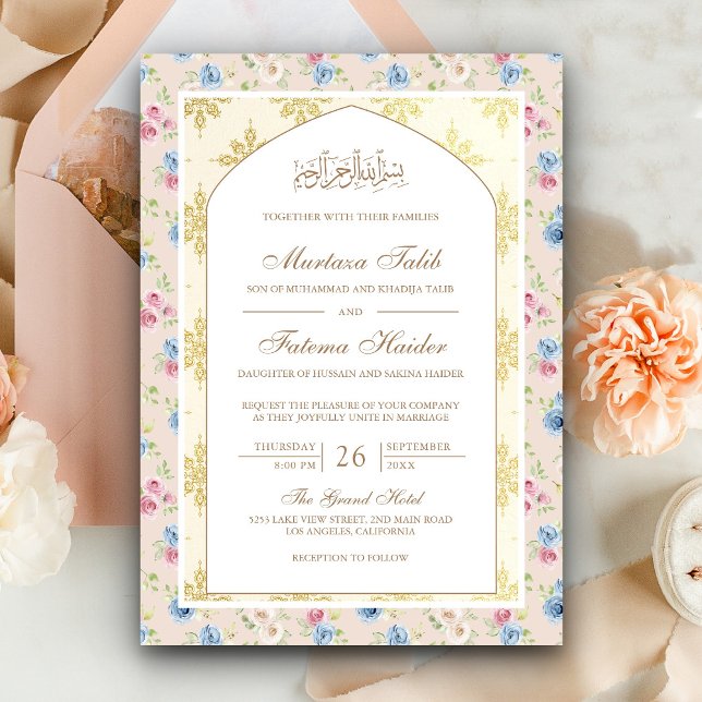 Invitación Pastel Floral Gold Motif Arch Boda musulmana (Subido por el creador)