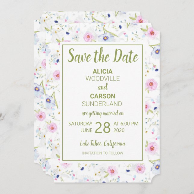 Invitación Pastel Floral Guardar la fecha (Anverso / Reverso)