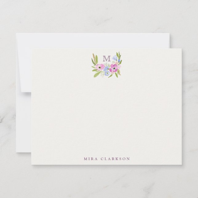 Invitación Pastel Floral Monogram Note Card (Anverso)