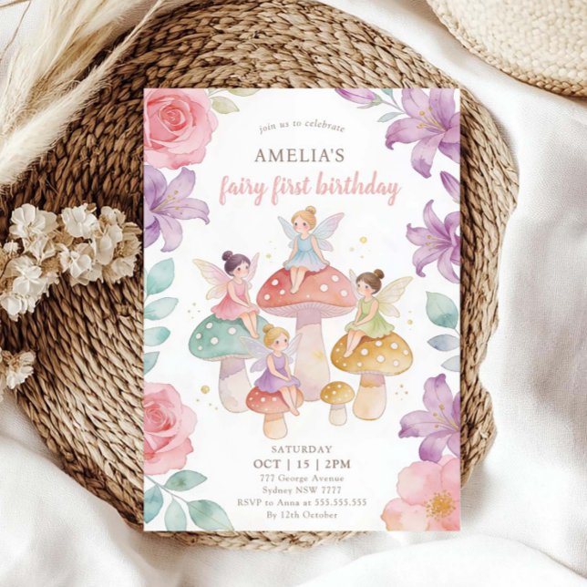 Invitación Pastel Floral Mushroom Fairy First 1st Birthday (Subido por el creador)