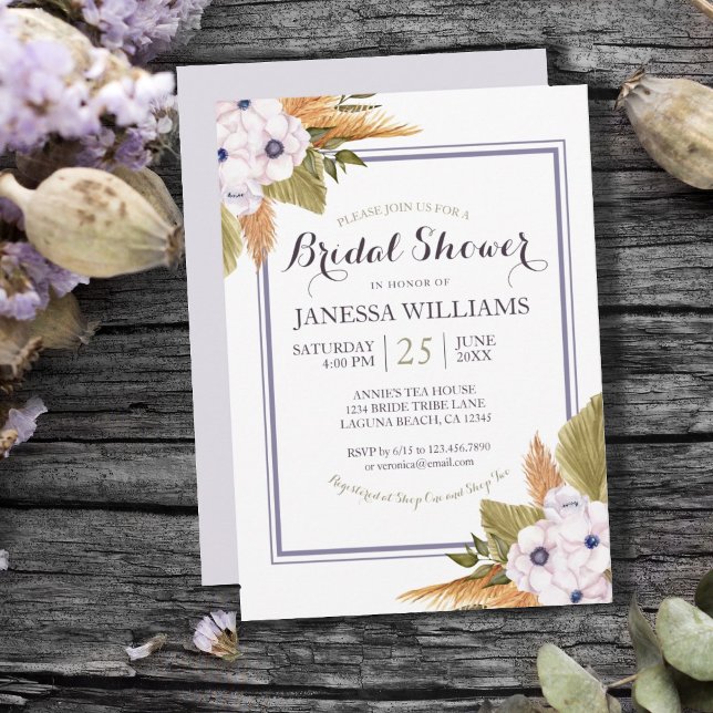 Invitación Pastel Floral Pampas Ducha de Novias (PASTEL LAVENDER FLORAL PAMPAS GRASS BRIDAL SHOWER INVITATION)