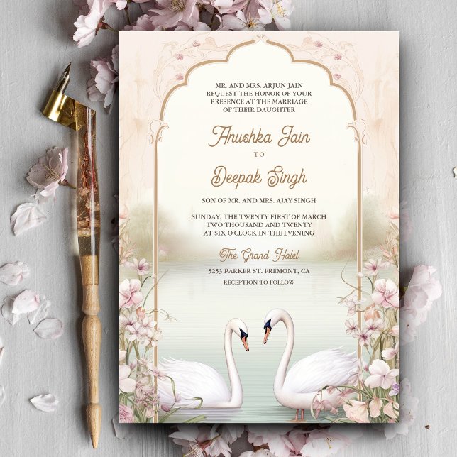 Invitación Pastel Floral Romantic Swans Boda indio (Subido por el creador)