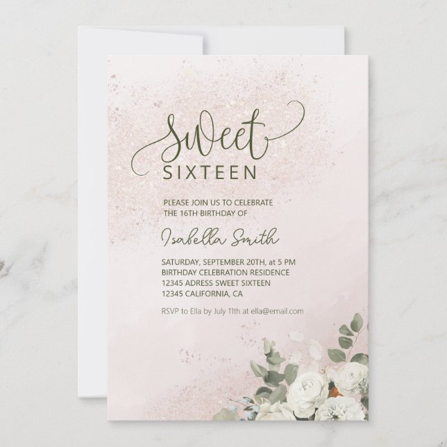 Invitación Pastel Floral Rosa Blanca Dulce 16 Cumpleaños (Anverso)