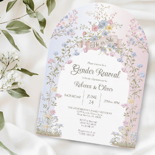 Invitación Pastel Floral Rosa y Azul Revelación de Género Él 